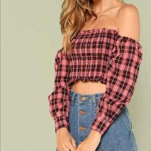 Plaid Print Smocked Off the Shoulder Blouse